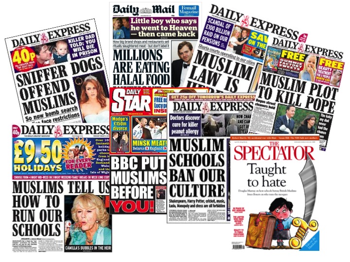 Collage of media headlines about Muslims and Islam